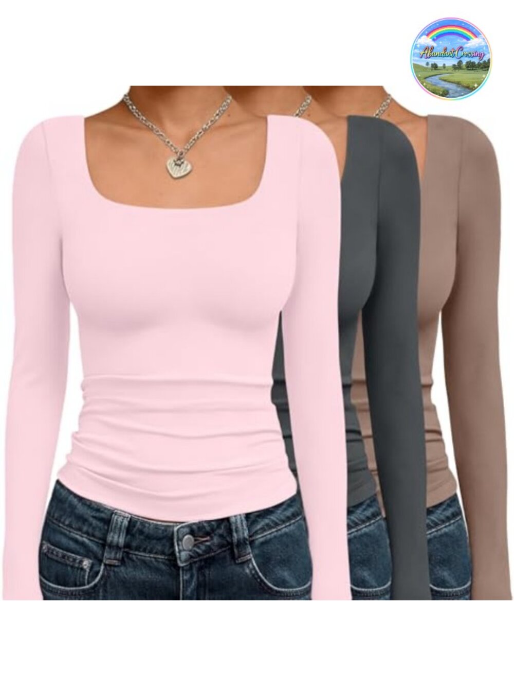 Long Sleeve T-Shirt 3 Pack for Women Cropped Slim Scoop Neck Stretchy Knit Y2K